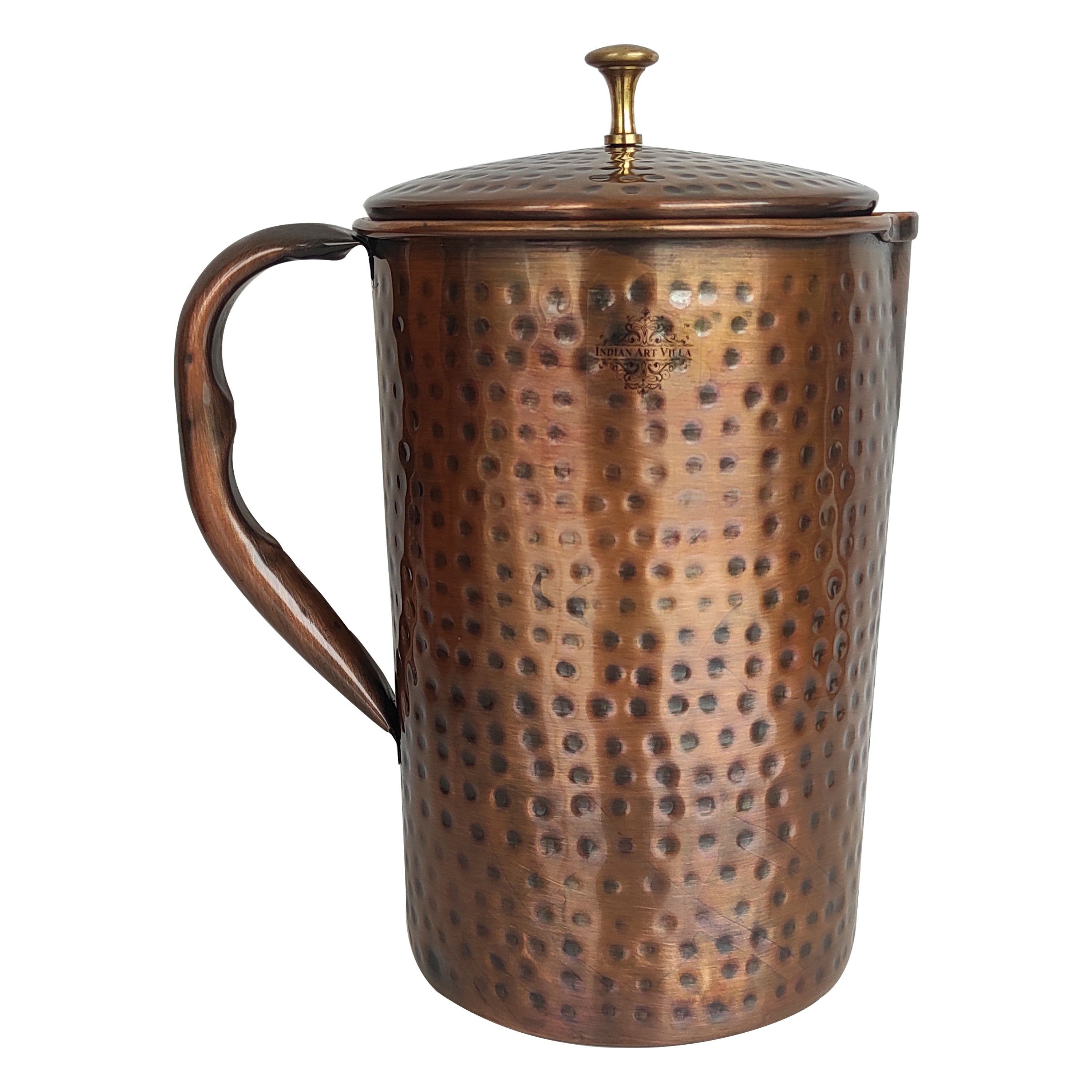 Pure copper hammered antique design jug, pitcher with brass knob on lid dark hammered, 1500 ML